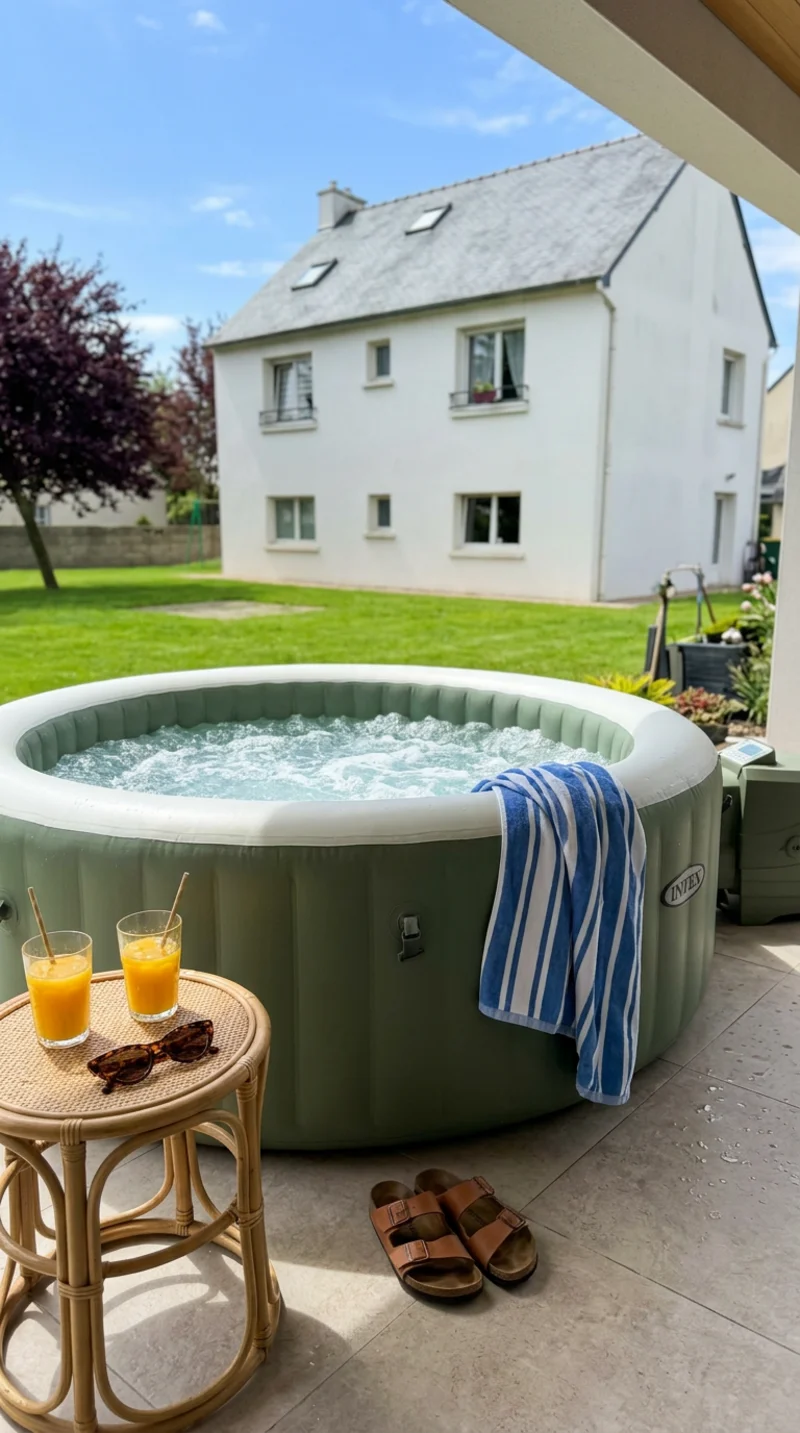 Jacuzzi Bullenn installé en jardin breton, ambiance détente jour