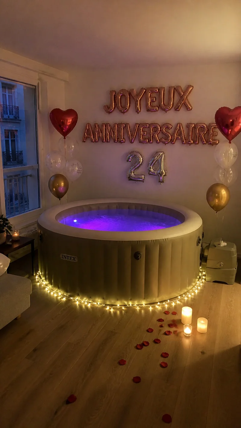 Jacuzzi avec décoration ballons Joyeux Anniversaire 24 ans