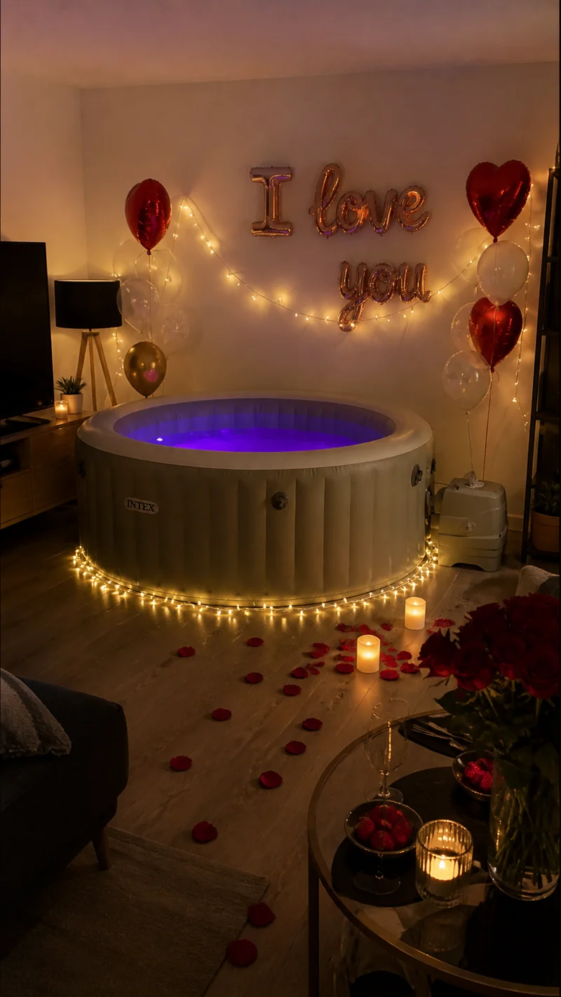 Jacuzzi décoré I love you avec ballons coeurs et bougies, ambiance Saint-Valentin