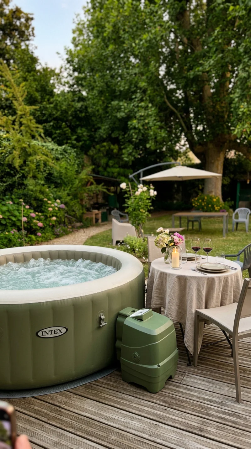Jacuzzi installé dans jardin avec table apéro, ambiance vacances en famille
