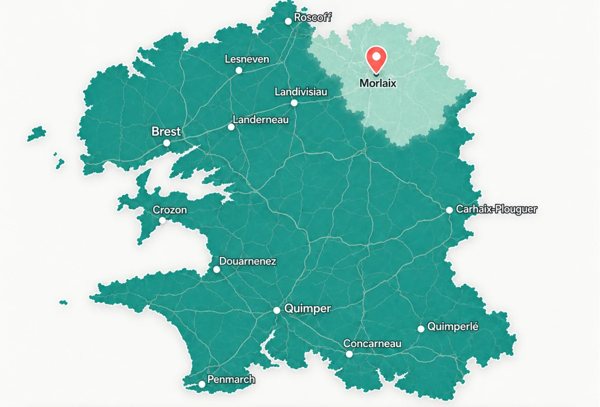Carte de la zone de livraison Bullenn Spa : tout le Finistère, départ Morlaix